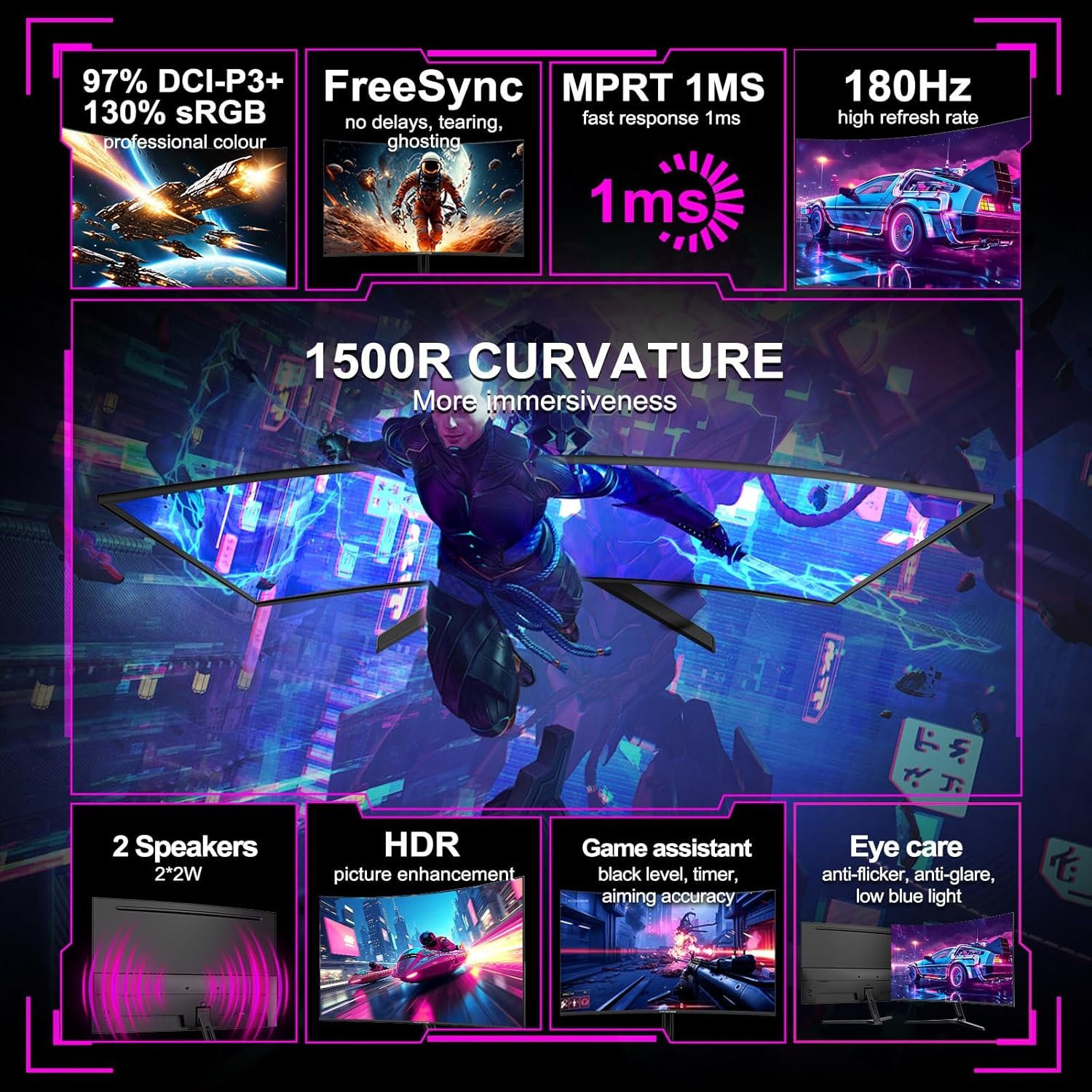 New 24" Curved Gaming Monitor, FHD 1080P, 180Hz Refresh Rate, 1ms Response, AMD FreeSync, Ultra-Slim Design, HDMI/DP, VESA Mountable #TikTokShopBacktoSchool - Image 3